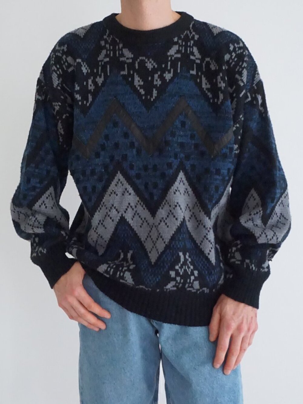 Alan Stuart Navy Blue Geometric Nordic Fair Isle Russian Textured Sweater XL